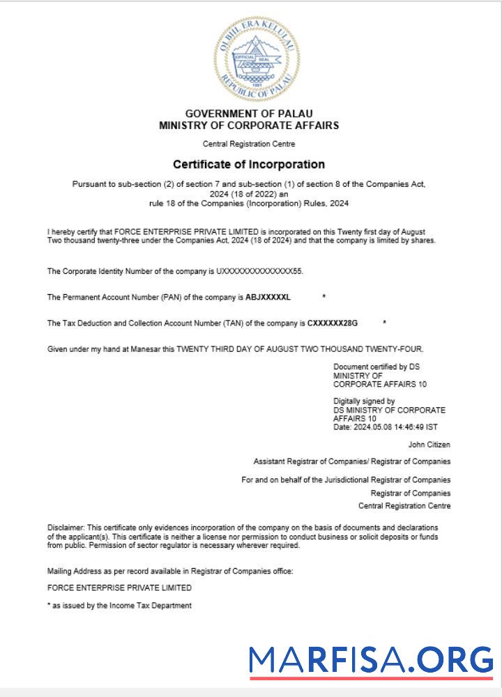 Downloadable Palau business registration certificate Word and PDF template